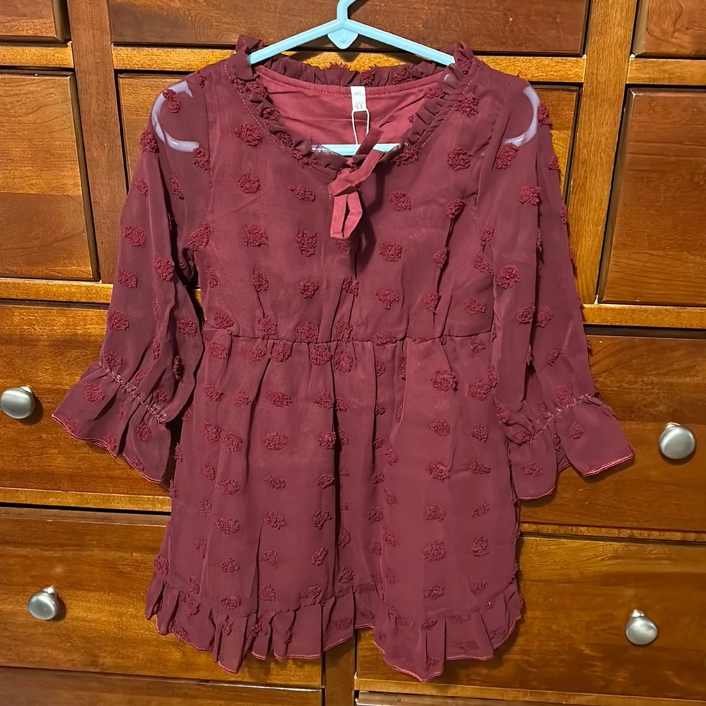 Burgundy dress for fall, babydoll, size 4Y, never worn with tags